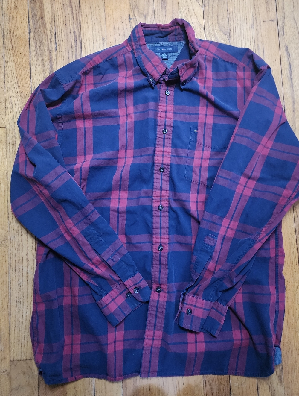 Tommy Hilfiger Red and Navy Plaid Casual Shirt L